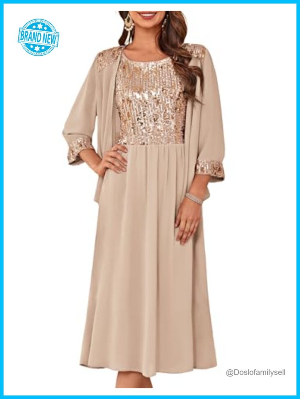 Sequin Tea Length Fit & Flare Formal Dress with Jacket 3/4 Sleeve